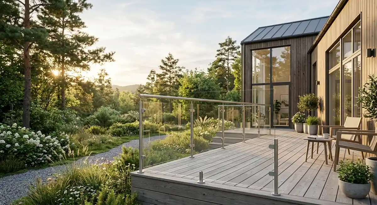 Stilrent og moderne glasværn monteret på en træterrasse med udsigt til en grøn dansk have i blødt aftenlys.